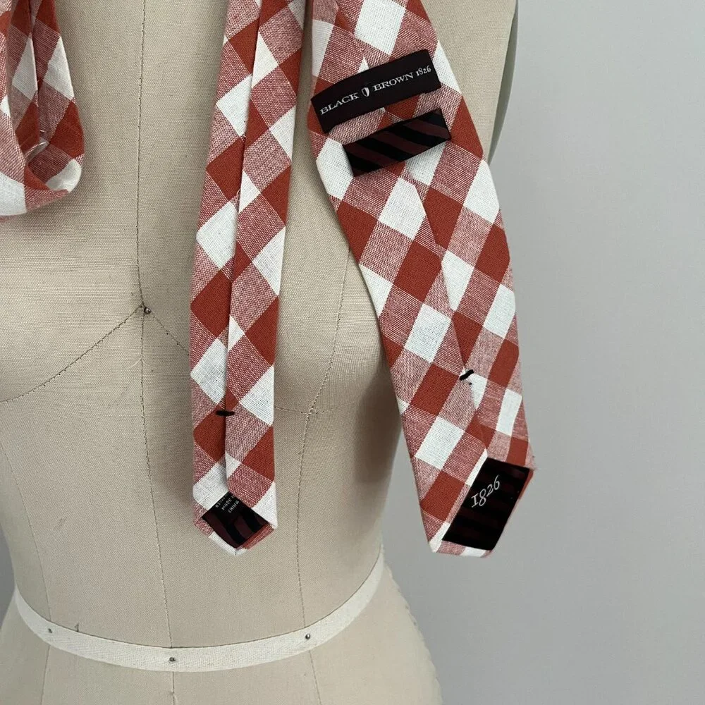 Black Brown 1826 Men's Necktie Orange Gingham Tie Cotton/Linen Smart Casual
